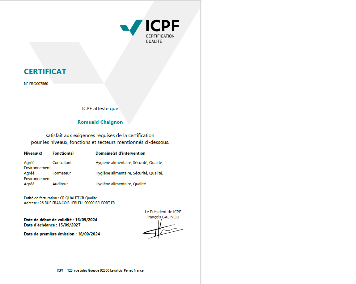 Certificat ICPF Pro de Romuald CHAIGNON